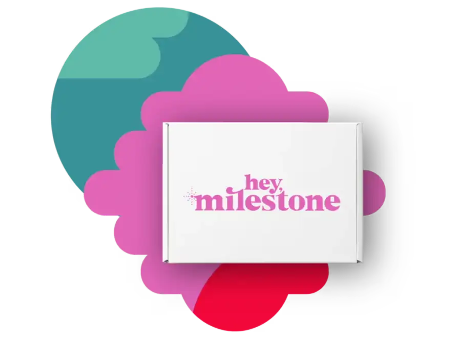 Hey Milestone - Baby Welcome Box - Pregnancy Box Unboxing - image shows a white box with the Hey Milestone logo on it with colorful decorative shapes behind the box.